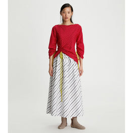 Women Windowpane Silk Tunic Top - Red/White