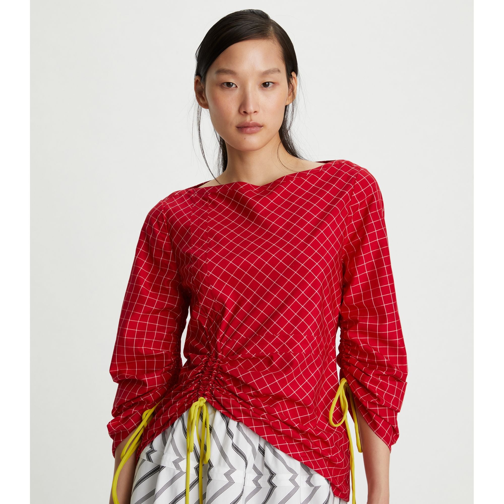 Women Windowpane Silk Tunic Top - Red/White