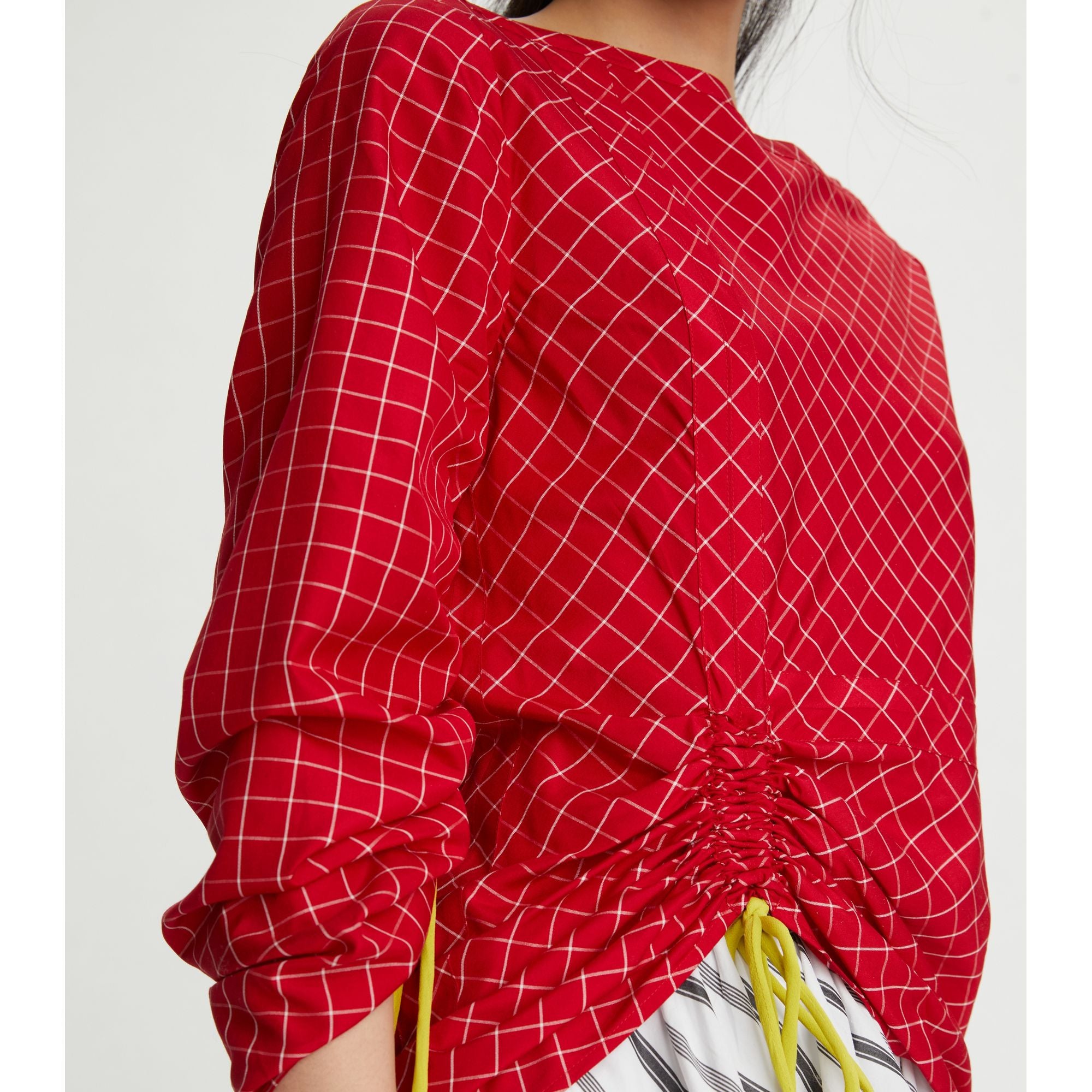 Women Windowpane Silk Tunic Top - Red/White