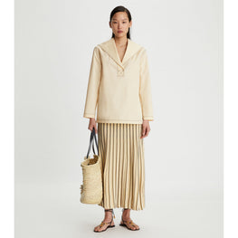 Women Plaited-Rib Pleated Skirt - Antique Ivory / Black
