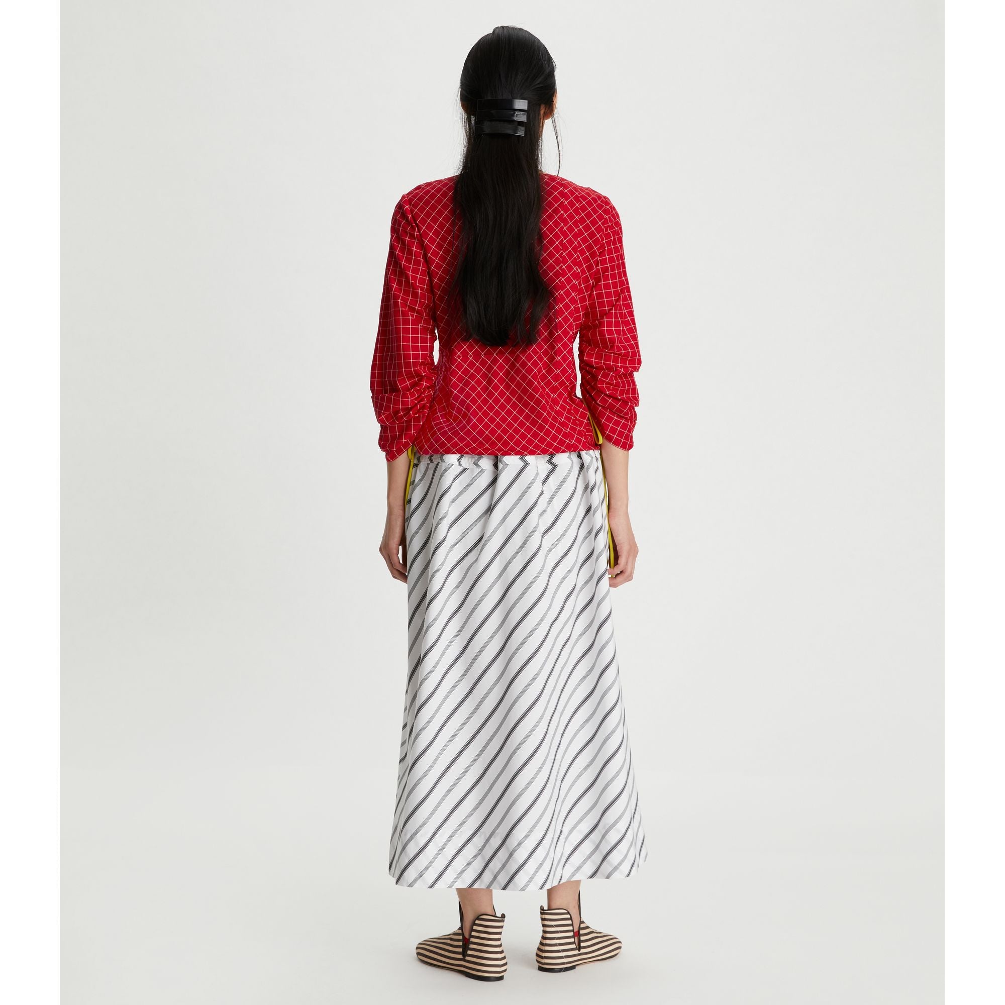 Women Variegated Stripe Poplin Skirt - White/Black