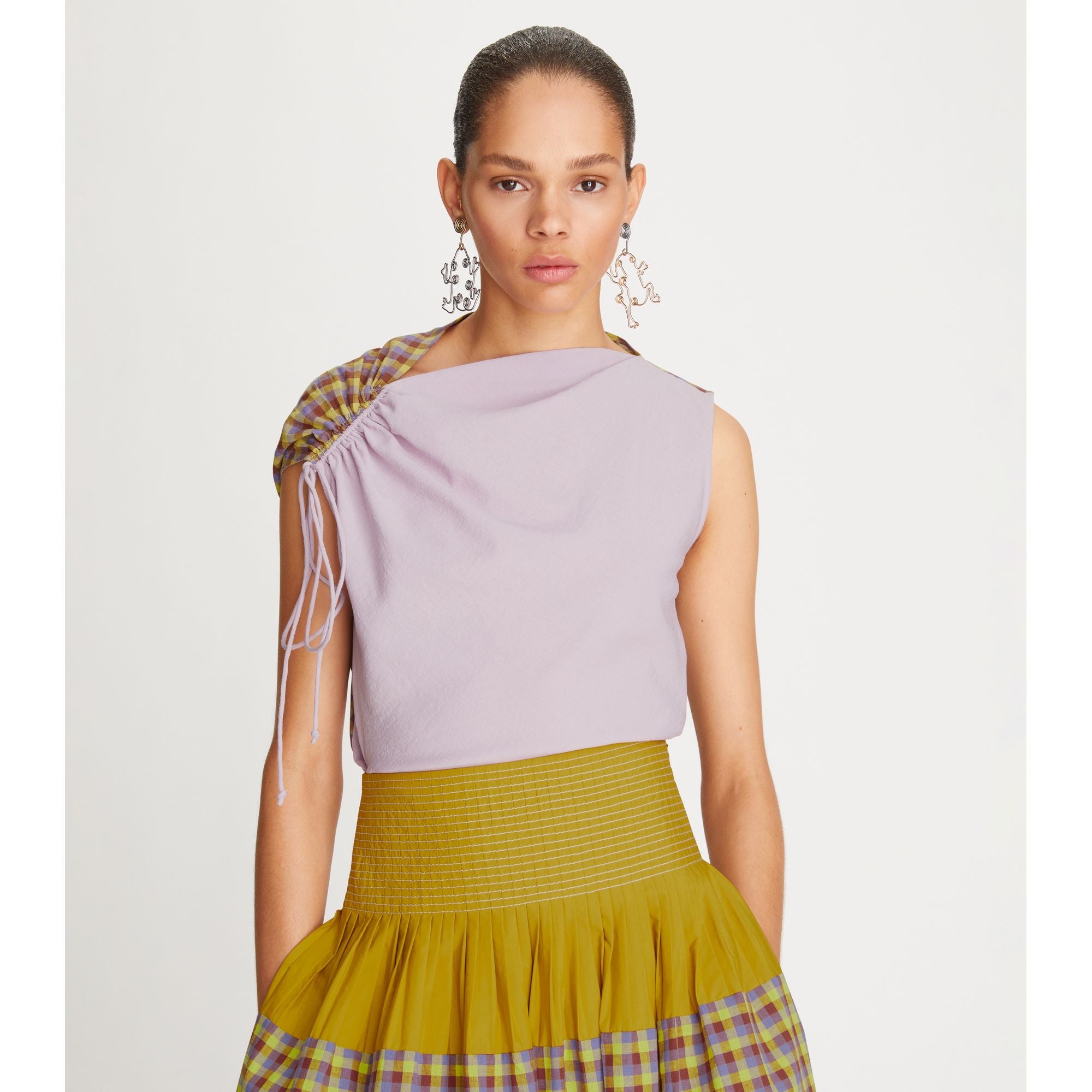 Women Veronica Plaid Ruched Top - Mallow Pink