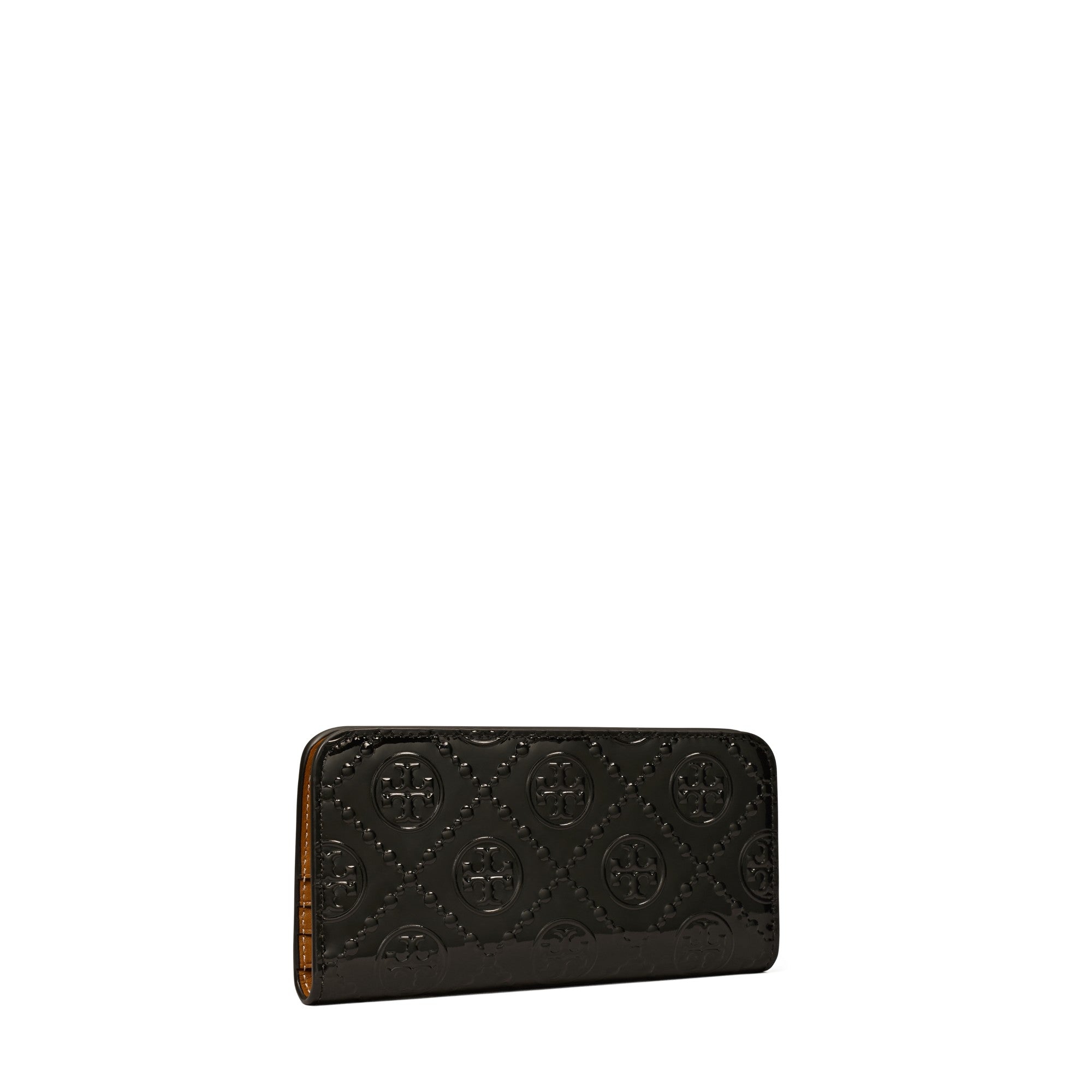 Women T Monogram Patent Embossed Zip Slim Wallet - Black