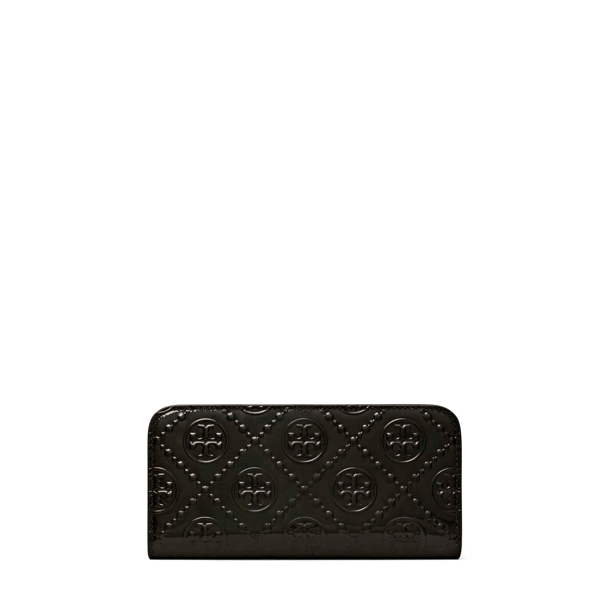 Women T Monogram Patent Embossed Zip Slim Wallet - Black