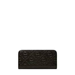 Women T Monogram Patent Embossed Zip Slim Wallet - Black