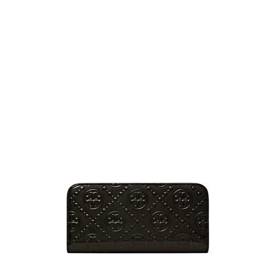 Women T Monogram Patent Embossed Zip Slim Wallet - Black