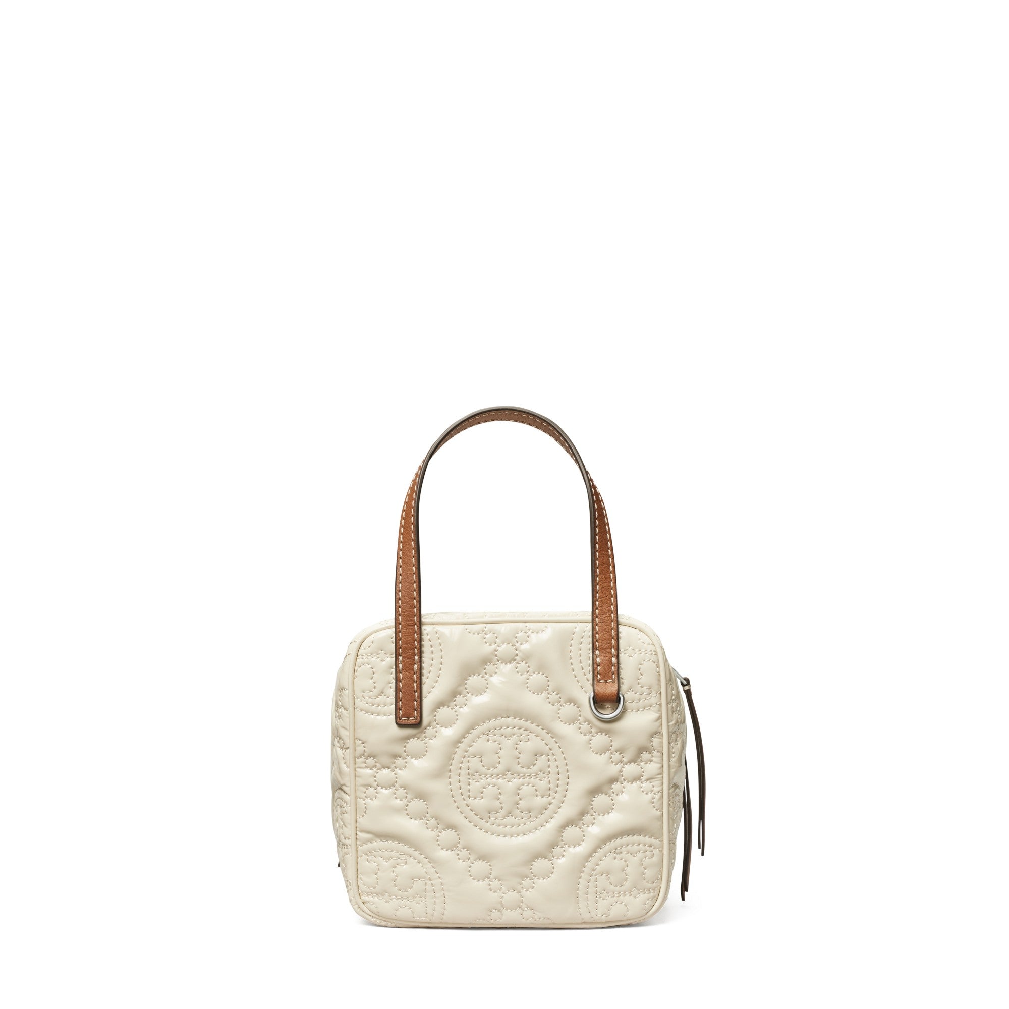 Women T Monogram Embroidered Patent Cube - Light Cream