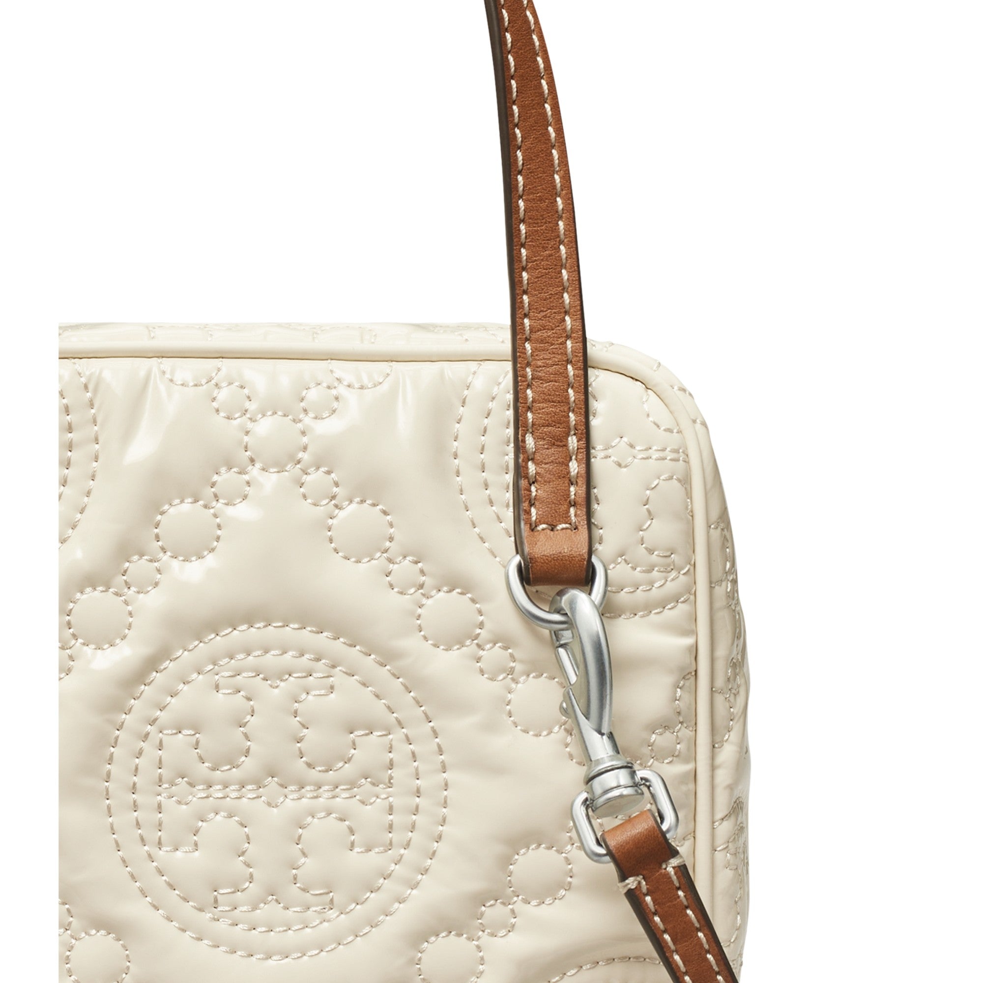 Women T Monogram Embroidered Patent Cube - Light Cream