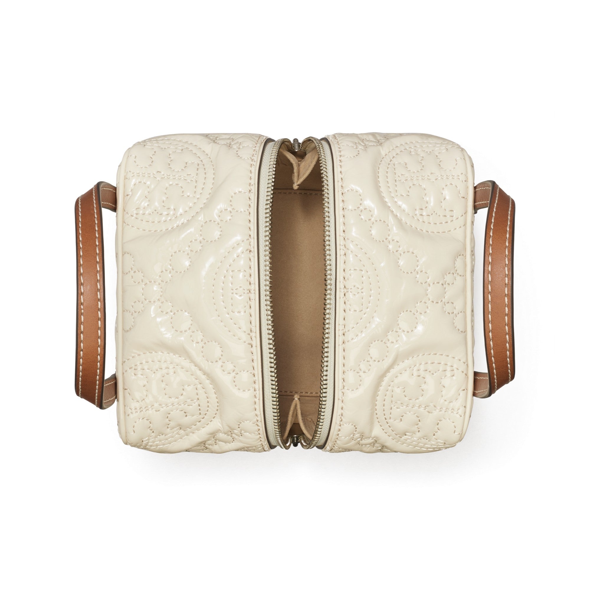 Women T Monogram Embroidered Patent Cube - Light Cream