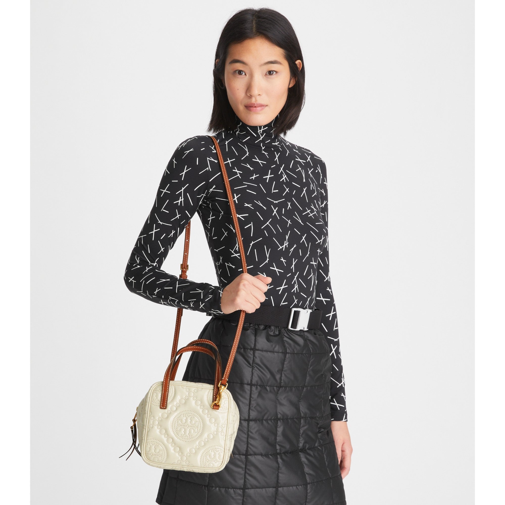 Women T Monogram Embroidered Patent Cube - Light Cream