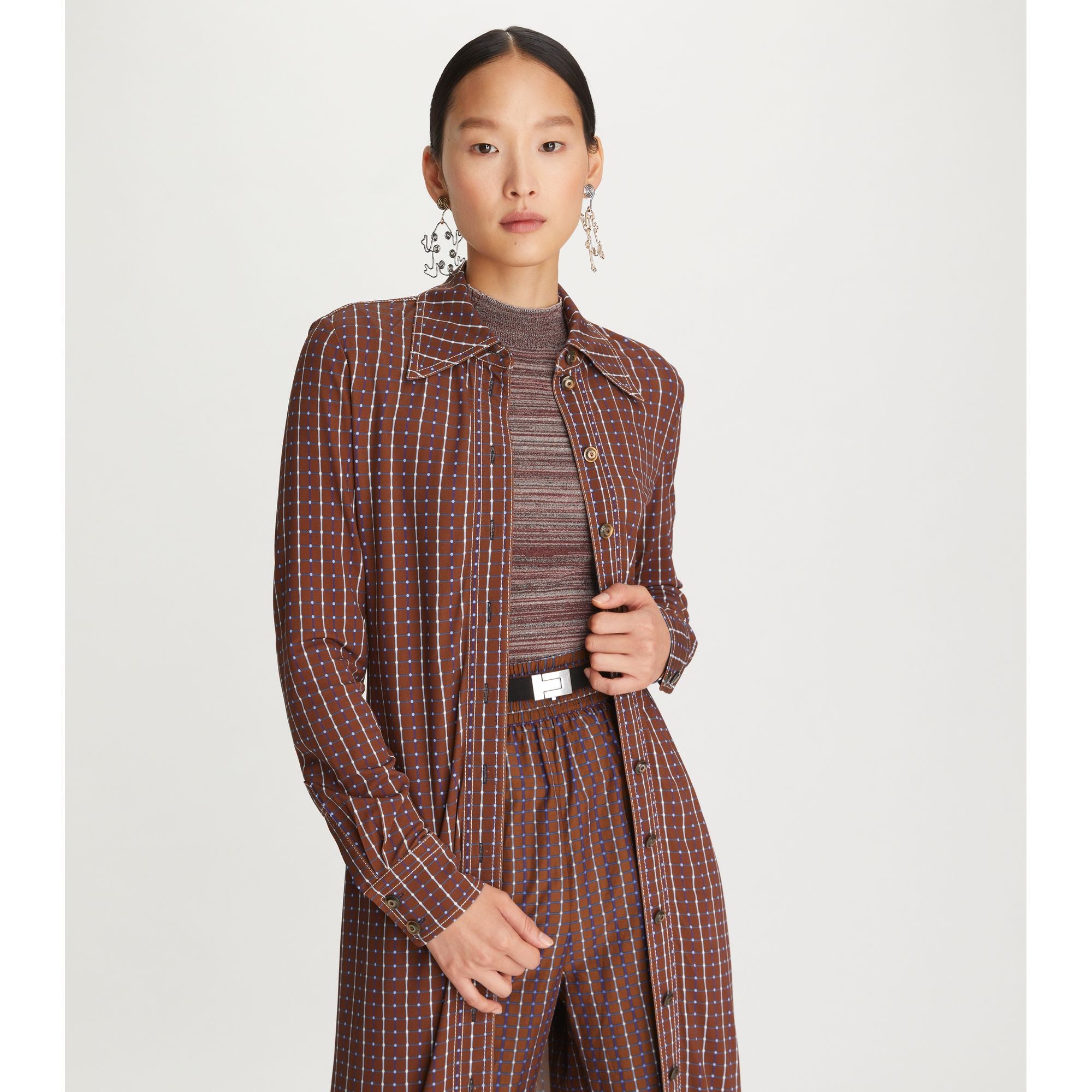 Women Dotted Windowpane Knit Polo Dress P Fit - Brown