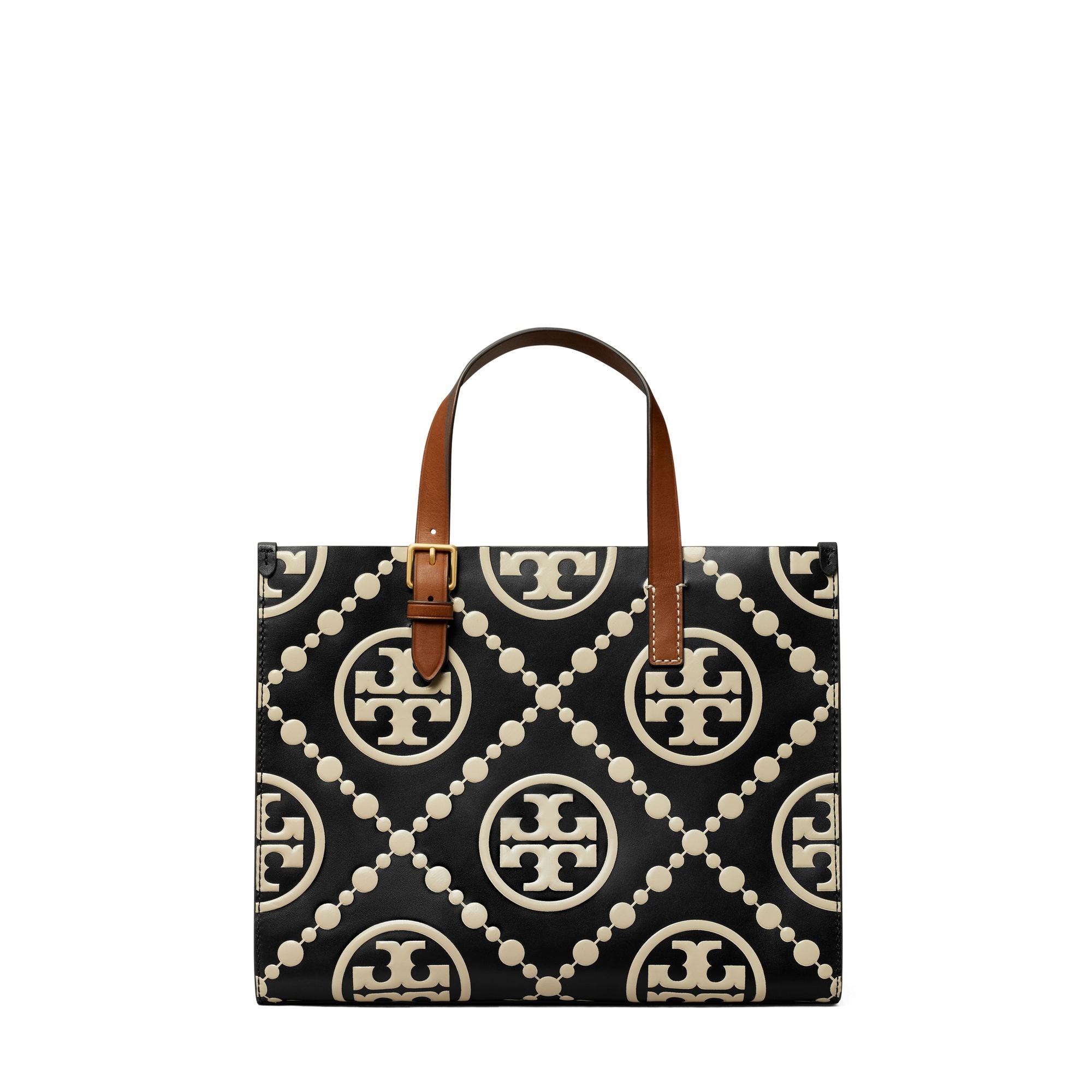 Women T Monogram Contrast Embossed Small Tote - Black