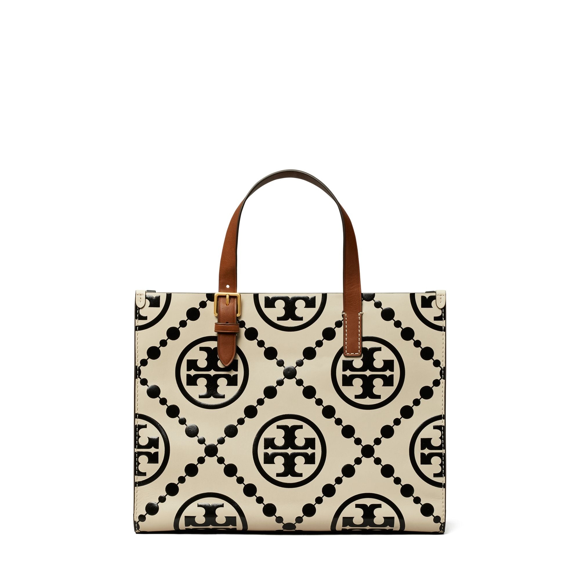Women T Monogram Contrast Embossed Small Tote - Black