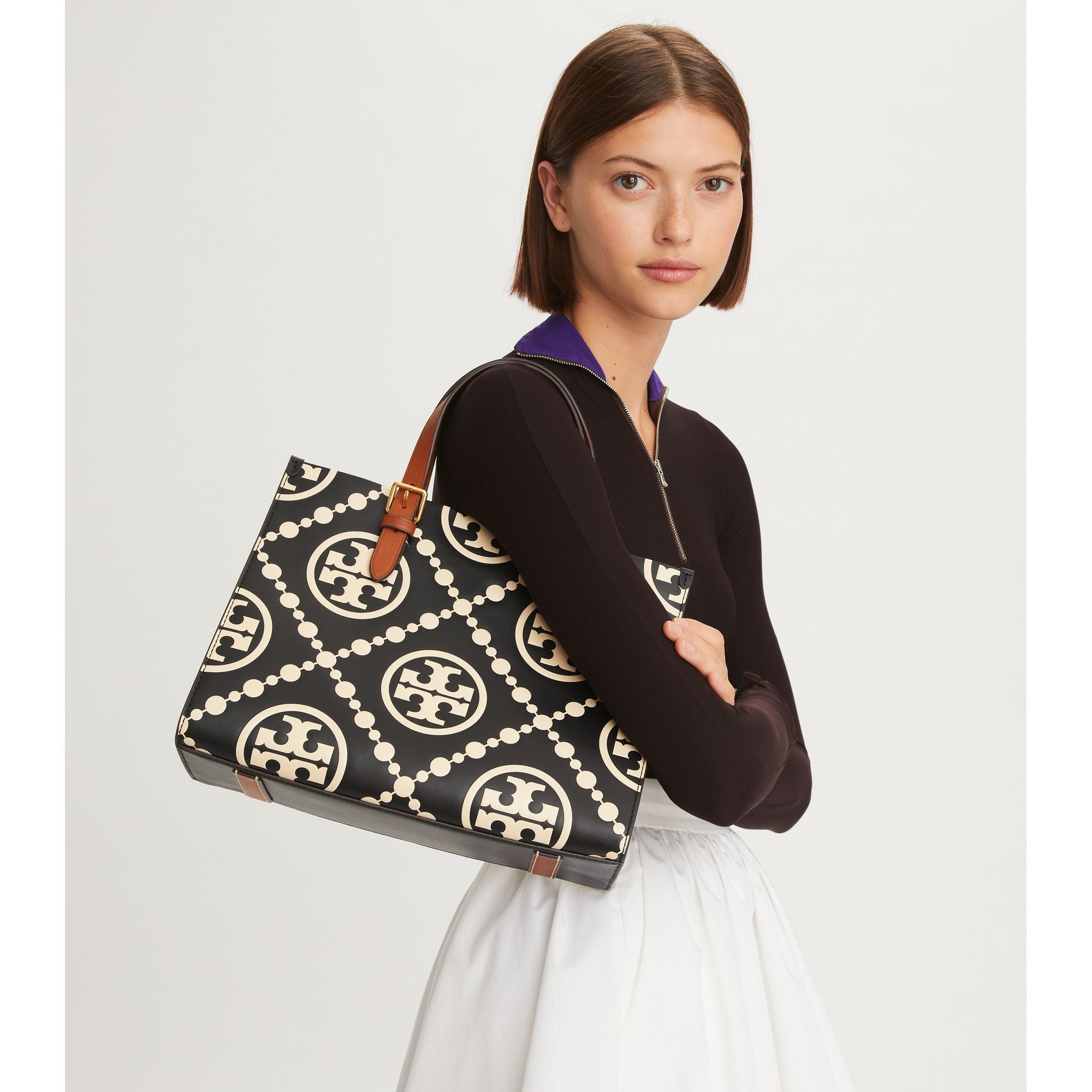 Women T Monogram Contrast Embossed Small Tote - Black