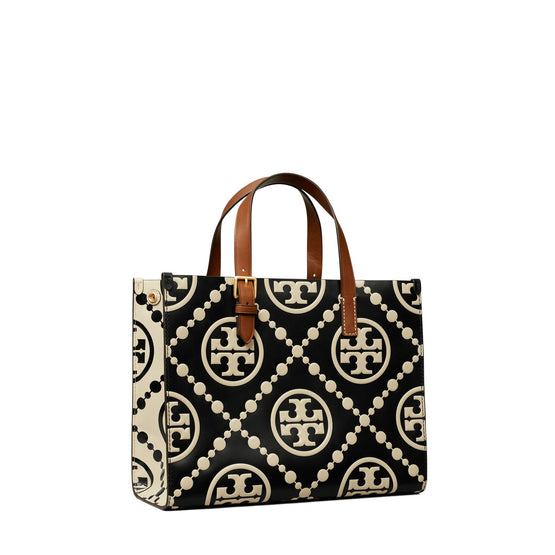 Women T Monogram Contrast Embossed Small Tote - Black
