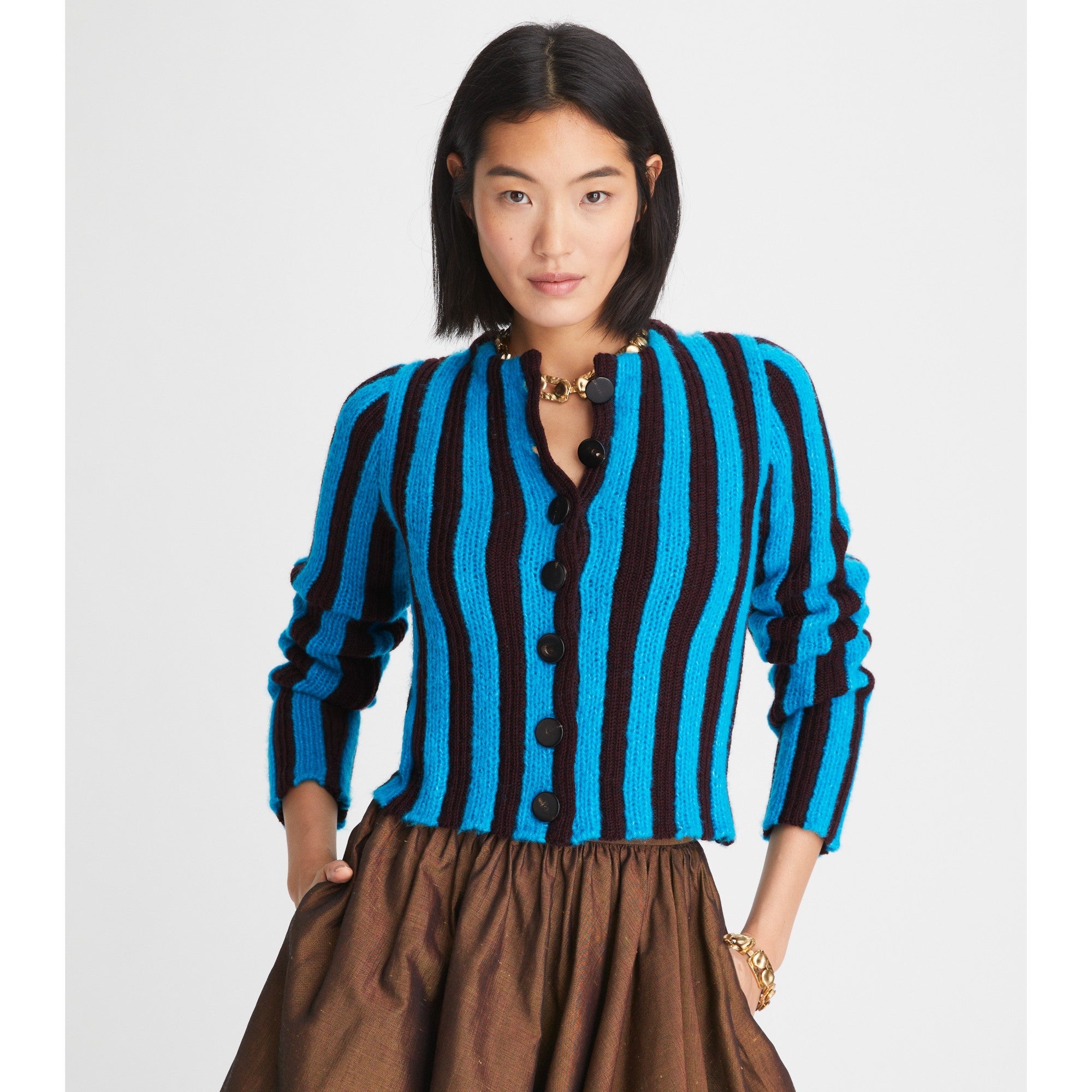 Women Striped  Cardigan - Blackberry / Calypso Blue