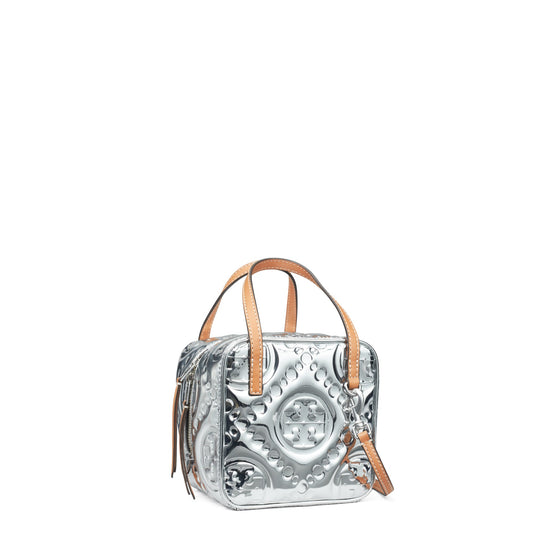 Women T Monogram Embossed Metallic Cube - Silver