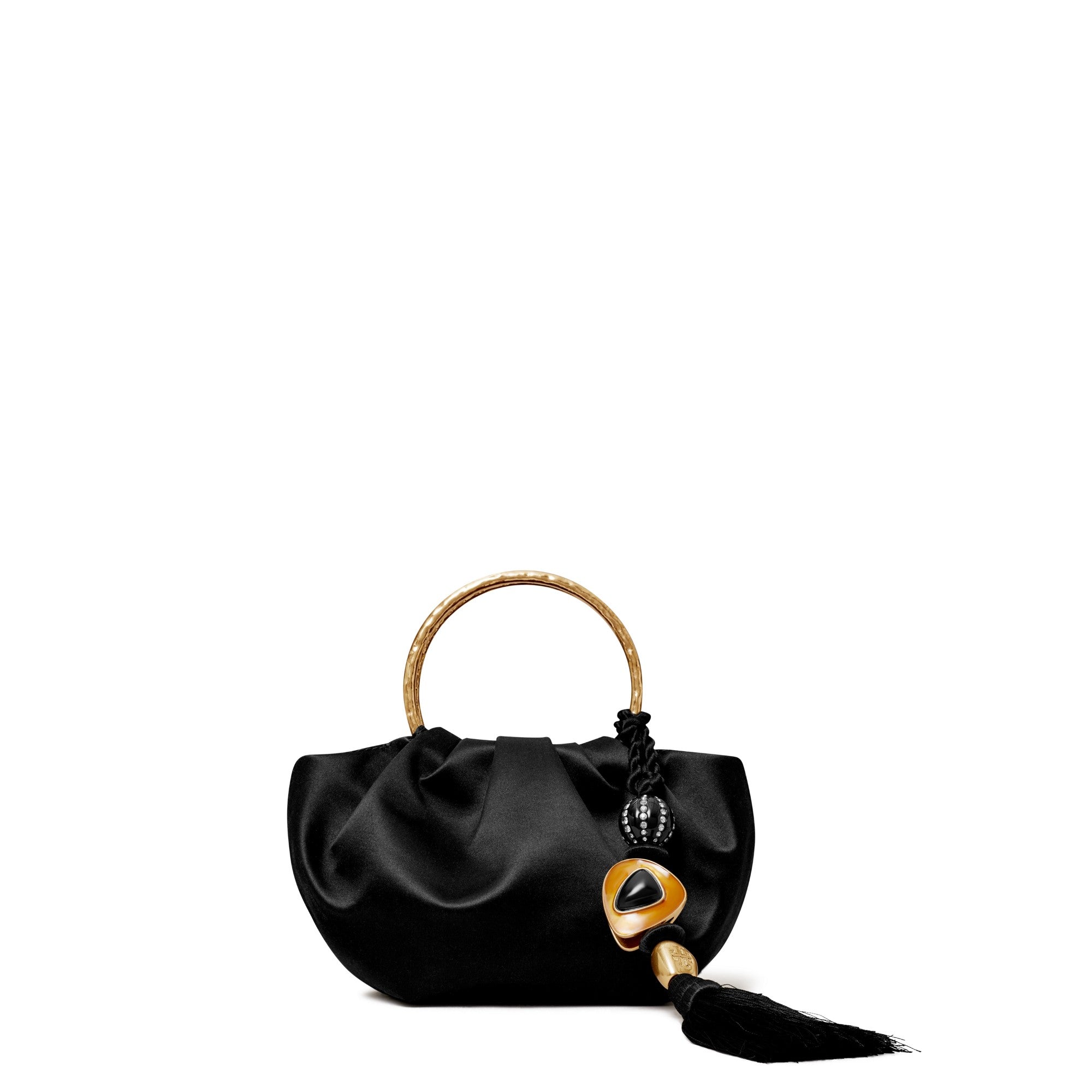 Women Satin Double Ring Evening Bag - Black