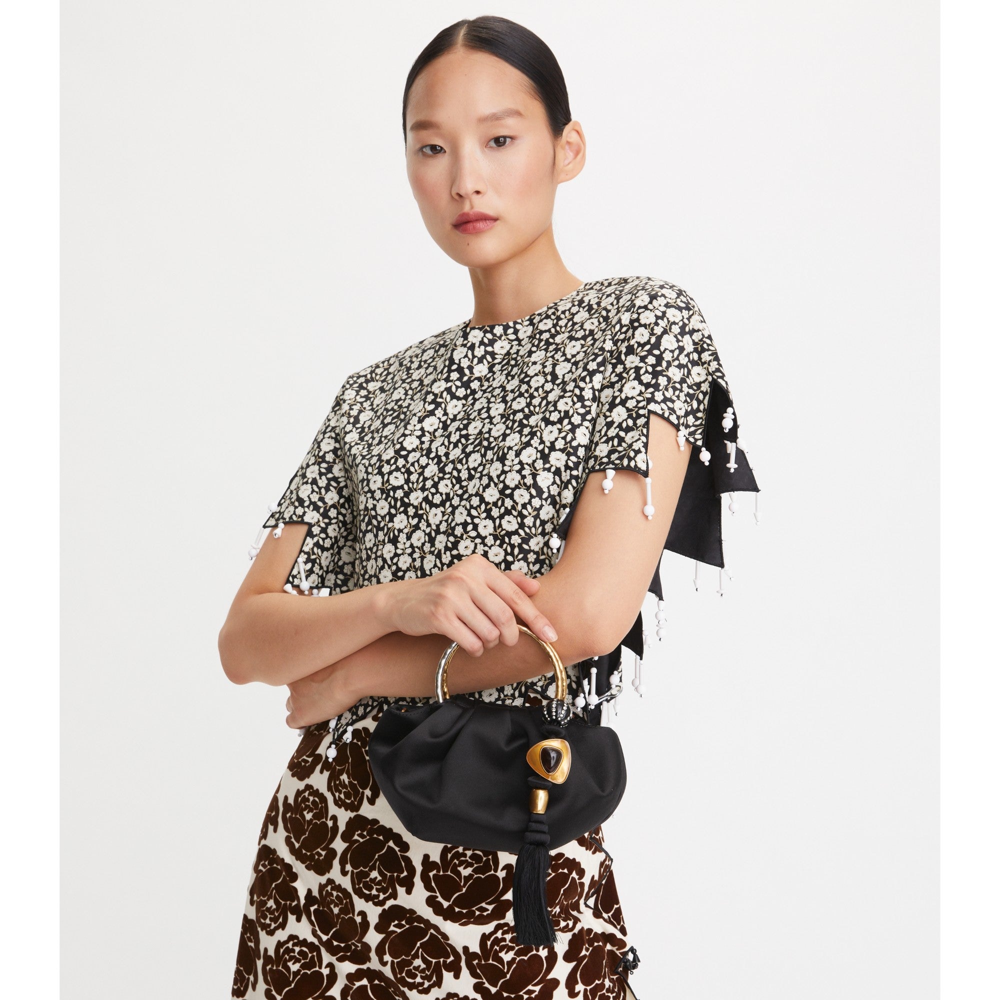 Women Satin Double Ring Evening Bag - Black