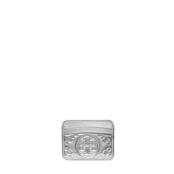 Women T Monogram Metallic Puffy Patent Card Case - Silver