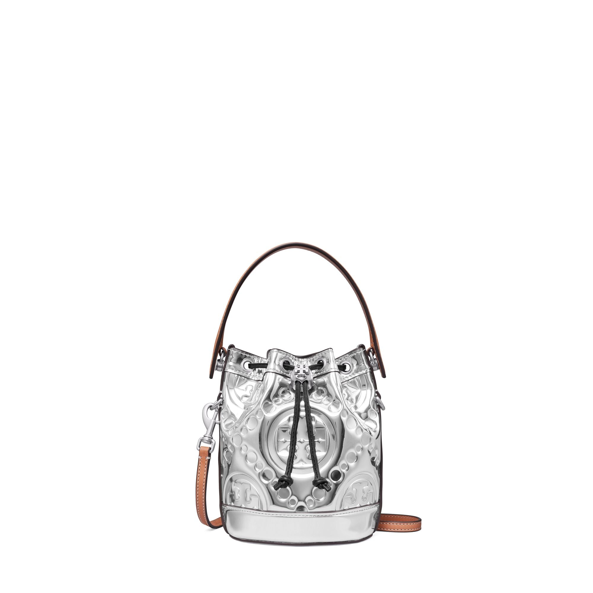 Women T Monogram Embossed Metallic Mini Bucket Bag - Silver