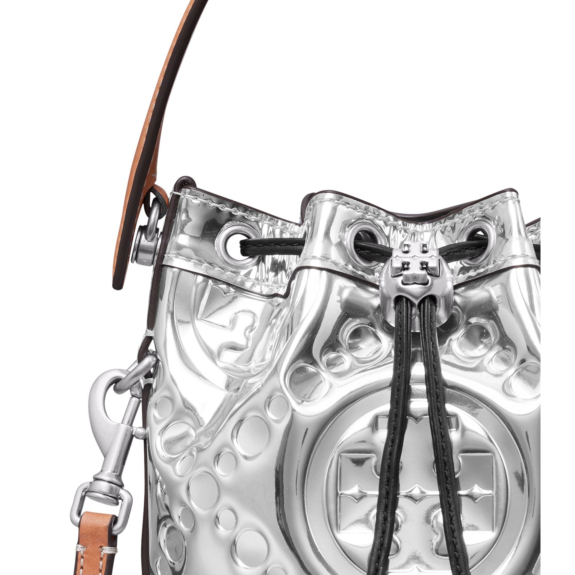 Women T Monogram Embossed Metallic Mini Bucket Bag - Silver