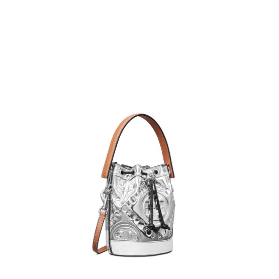 Women T Monogram Embossed Metallic Mini Bucket Bag - Silver
