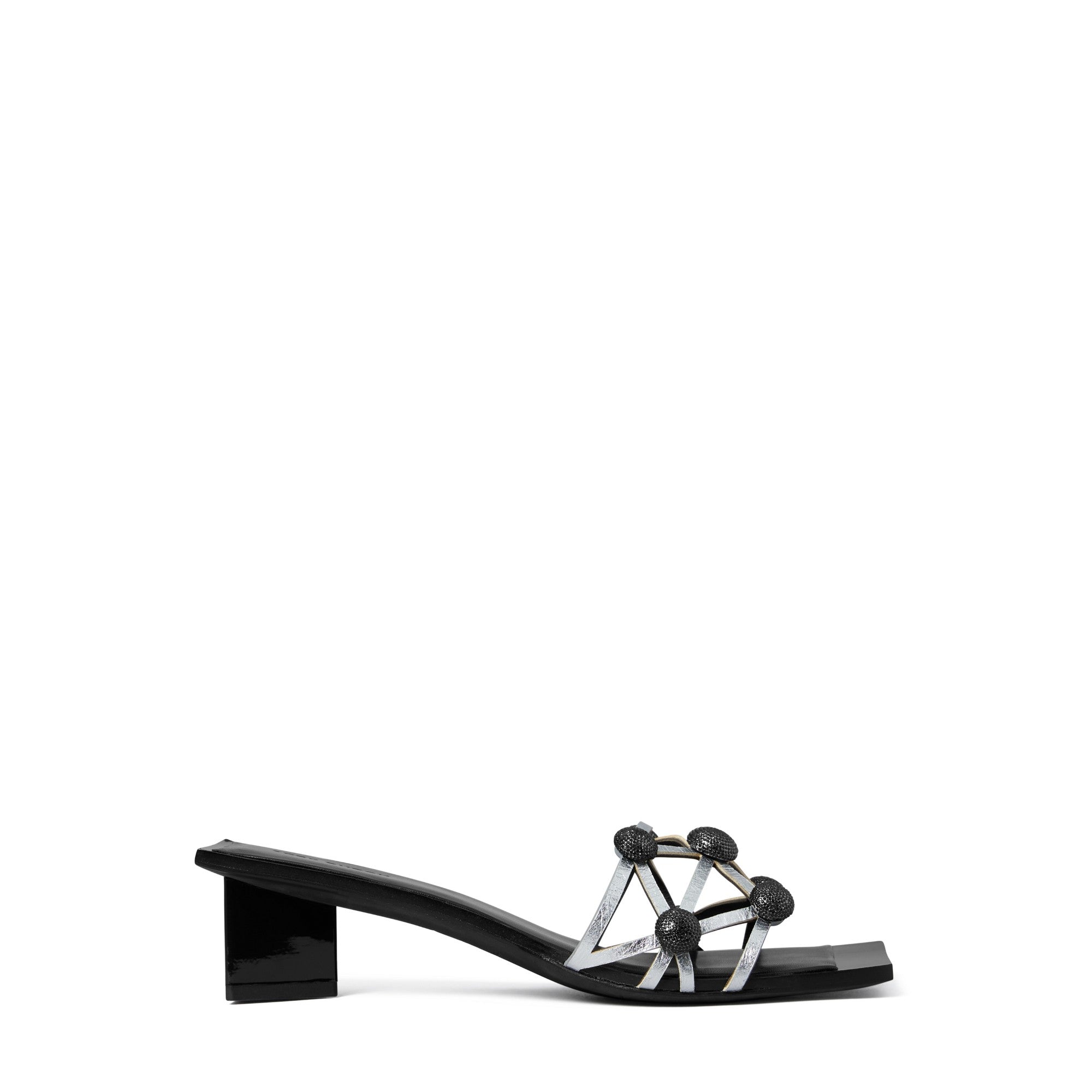 Women Crystal Bobble Heeled Mule Sandal - Silver / Perfect Black