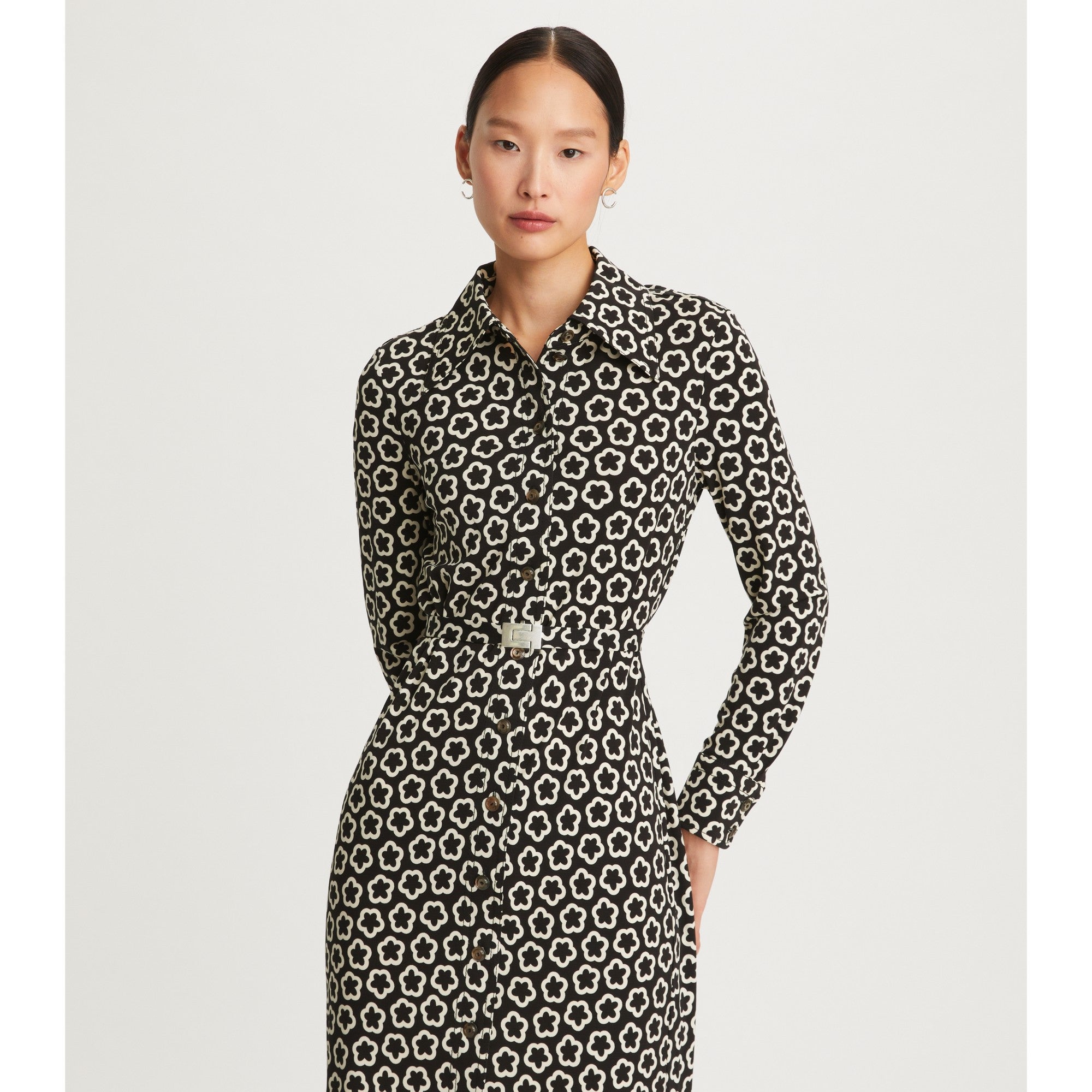 Women Flower Jersey Knit Polo Dress - Black Multi