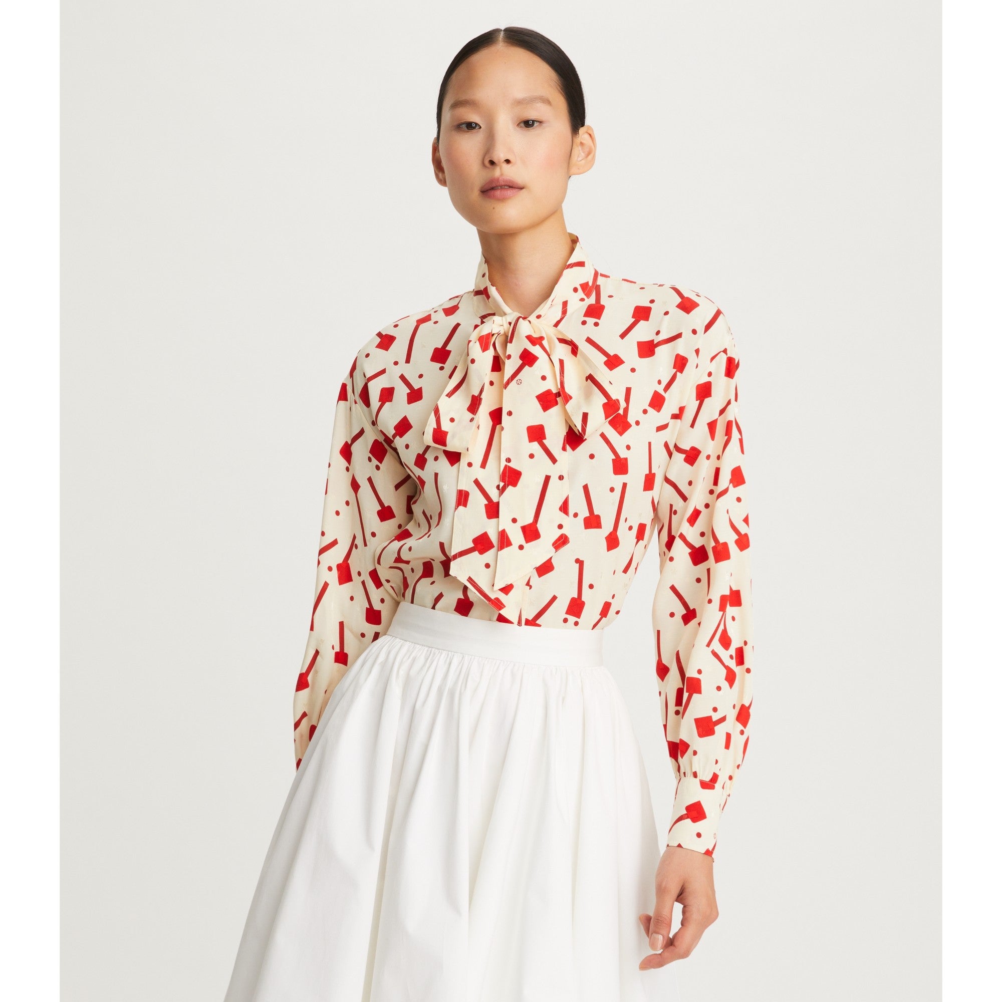 Women Lollipops Jacquard Bow Blouse - Biege