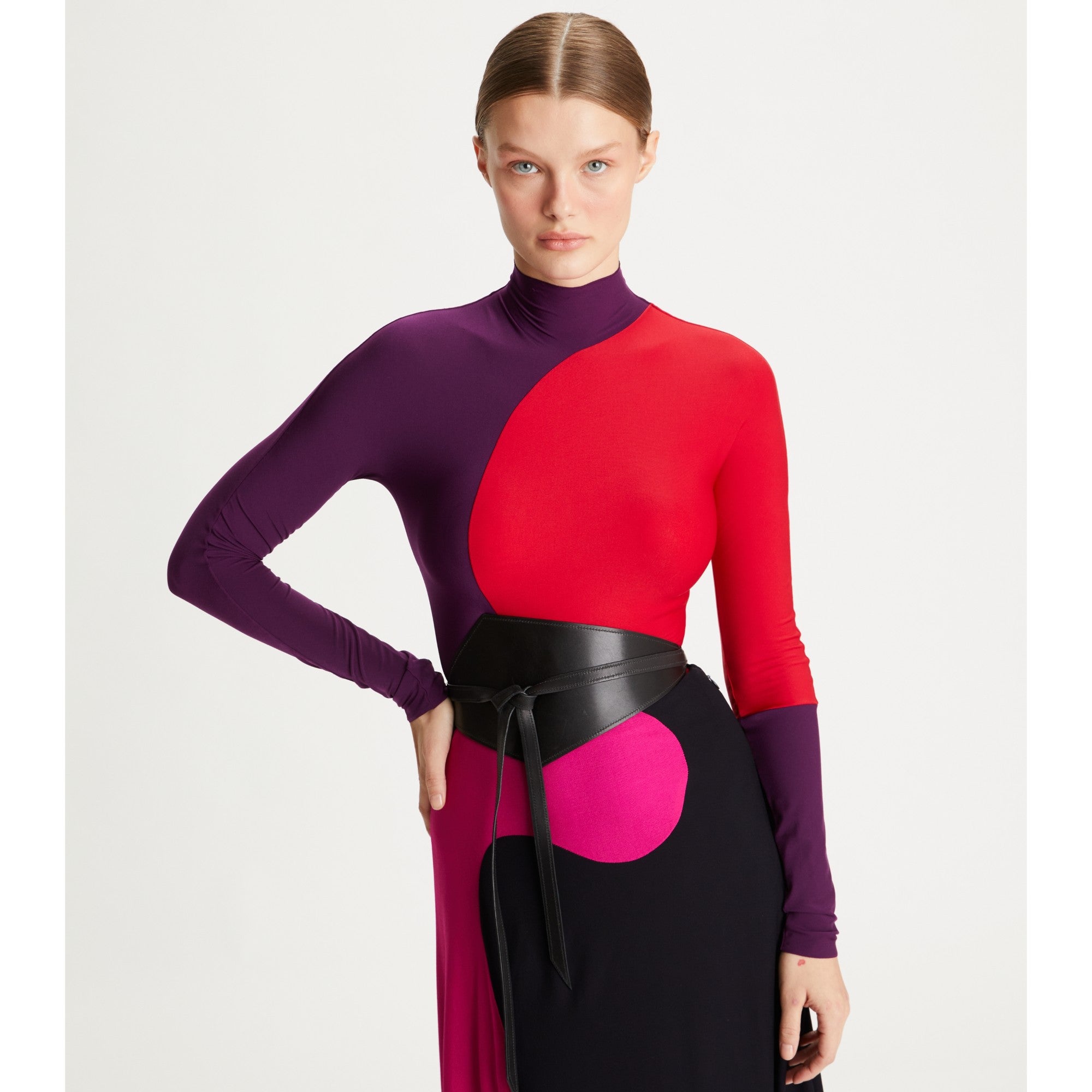 Women Colorblock Long Sleeve Jersey Top - Royal Aubergine