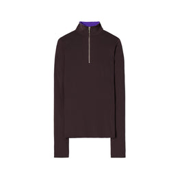Women Zip Front Long Sleeve Jersey Top - Dark Carob