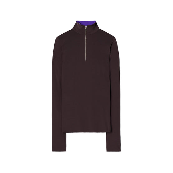 Women Zip Front Long Sleeve Jersey Top - Dark Carob