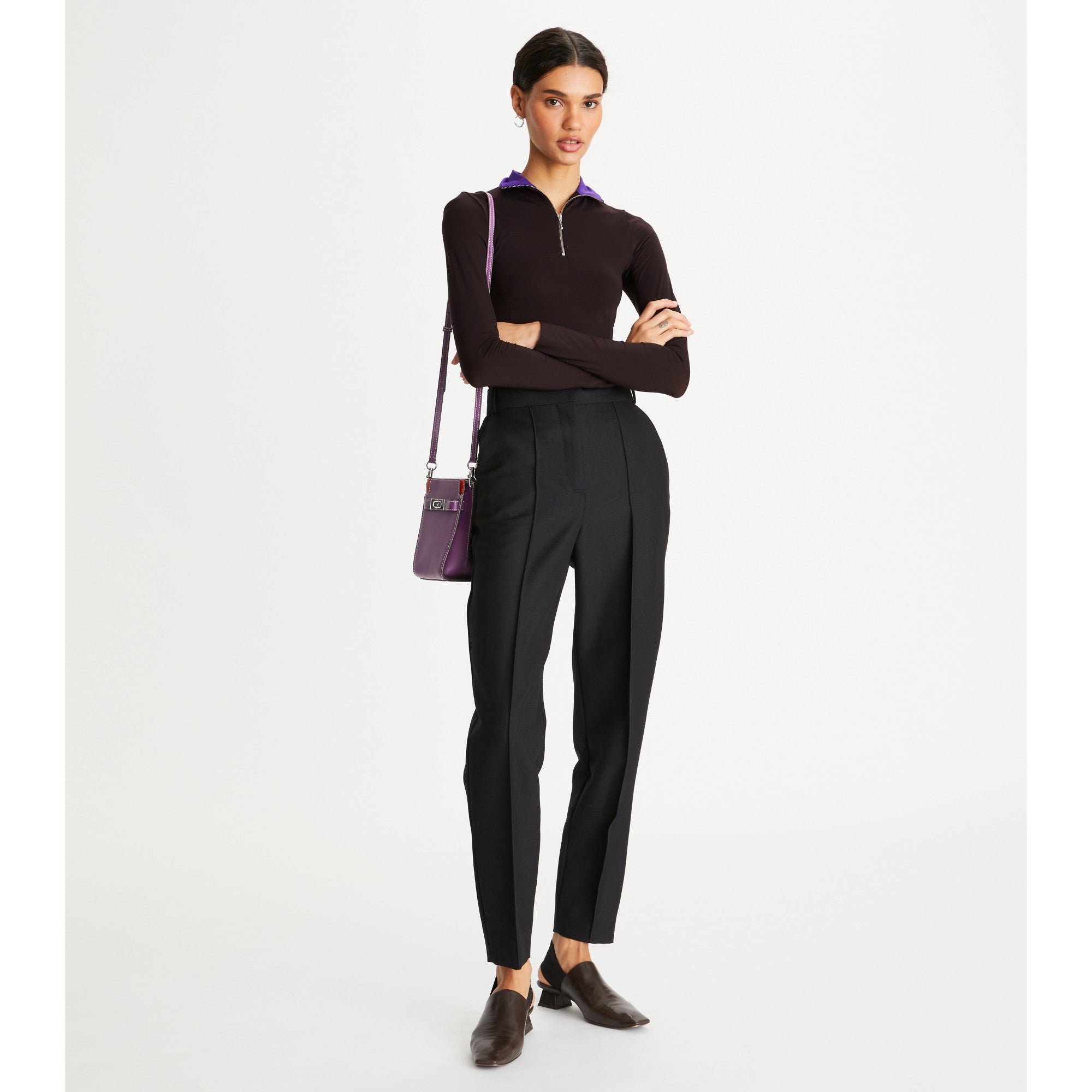 Women Zip Front Long Sleeve Jersey Top - Dark Carob