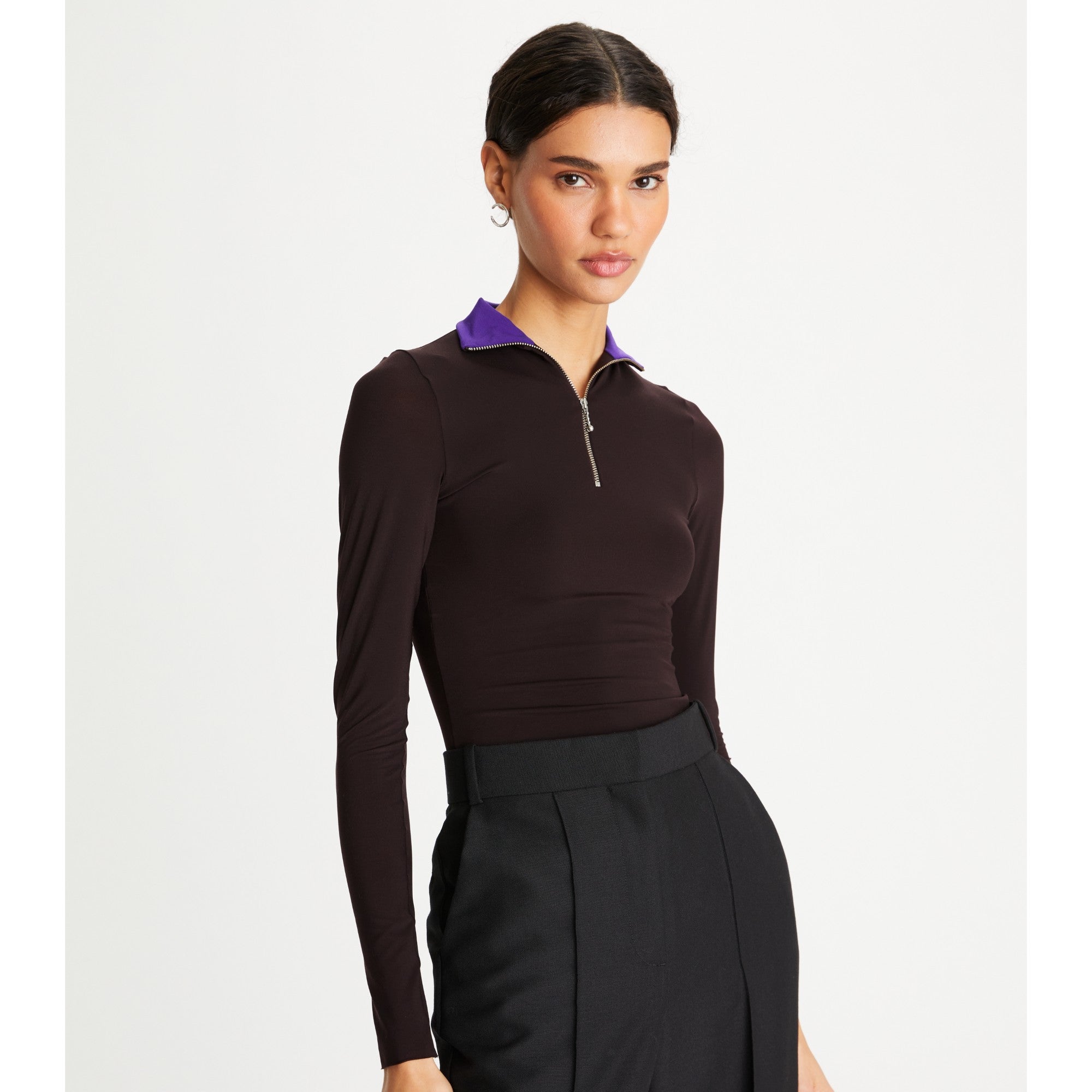 Women Zip Front Long Sleeve Jersey Top - Dark Carob