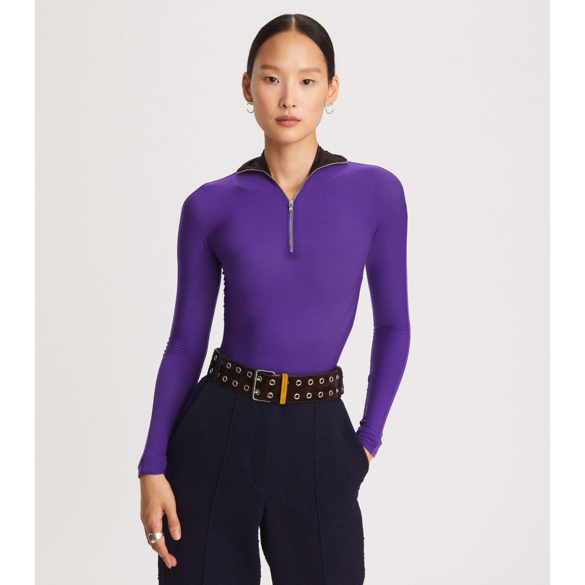 Women Zip Front Long Sleeve Jersey Top - Electric Plum