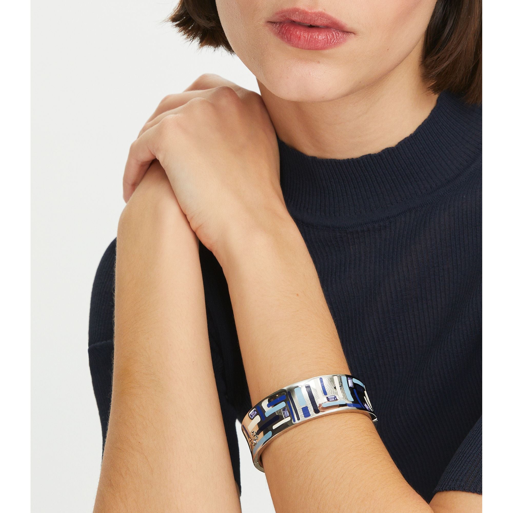 Women Wide Kira Enamel Bracelet - Rolled Pewter/Blue Multi