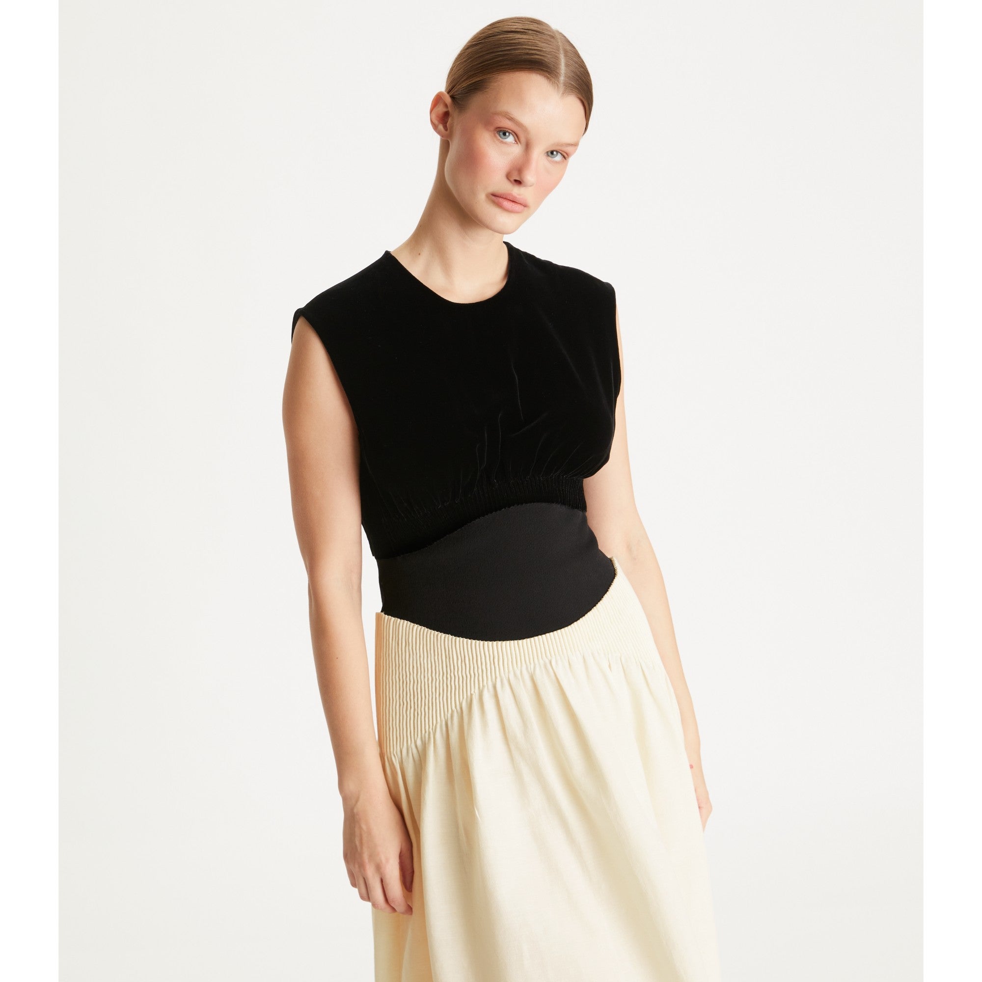 Women Colorblock Pleated Dress - Biscuit