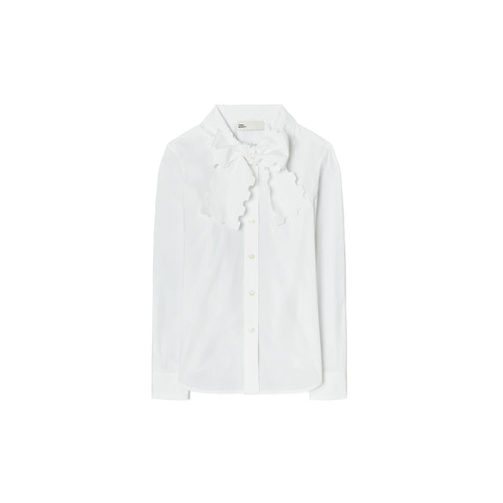 Women Scalloped Poplin Bow Blouse - White