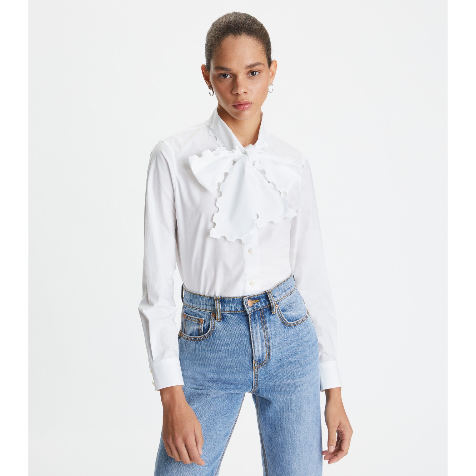 Women Scalloped Poplin Bow Blouse - White