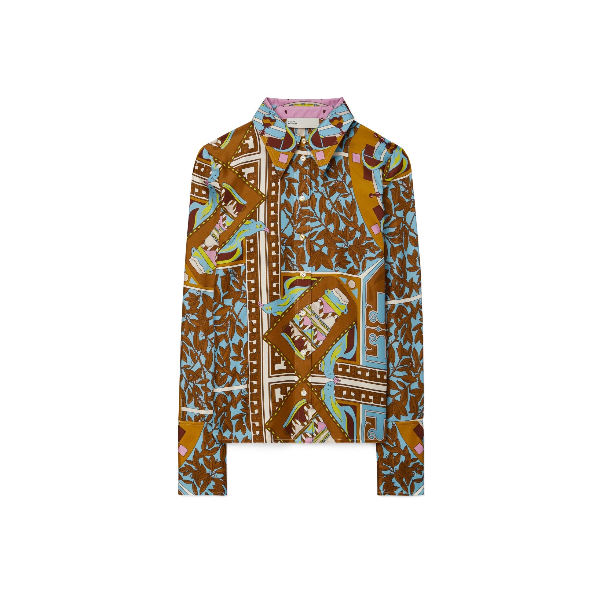 Women T Garden Silk Shirt - Brown Geometric Gardens Tiled