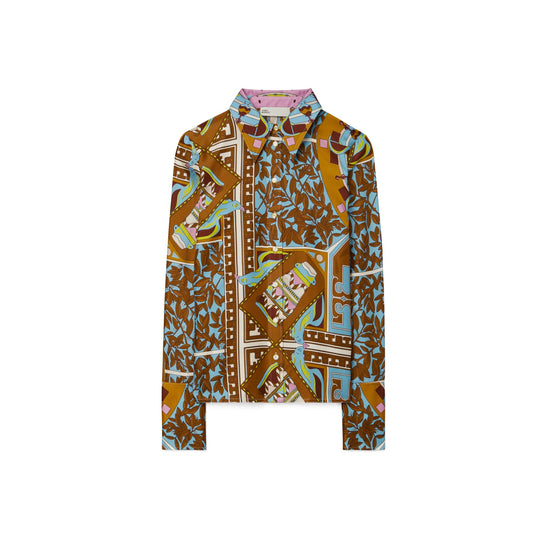 Women T Garden Silk Shirt - Brown Geometric Gardens Tiled