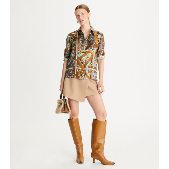 Women T Garden Silk Shirt - Brown Geometric Gardens Tiled