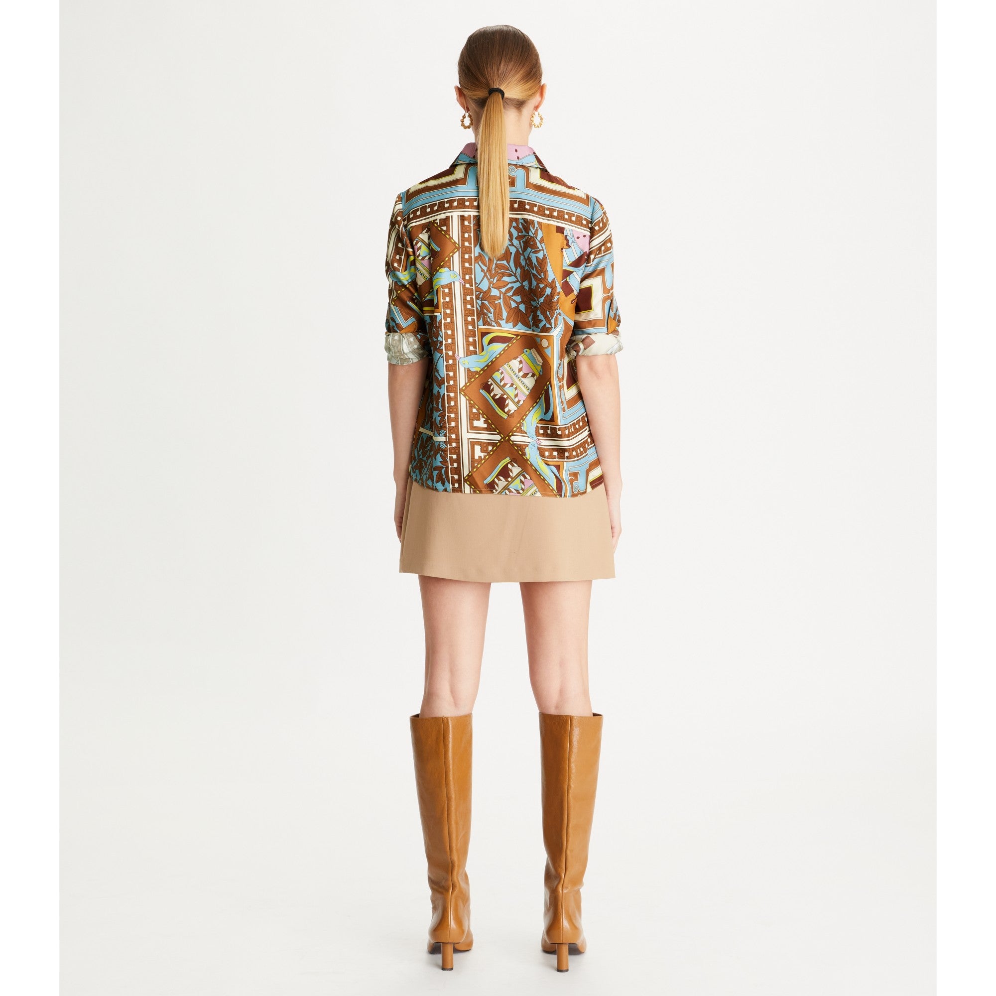 Women T Garden Silk Shirt - Brown Geometric Gardens Tiled
