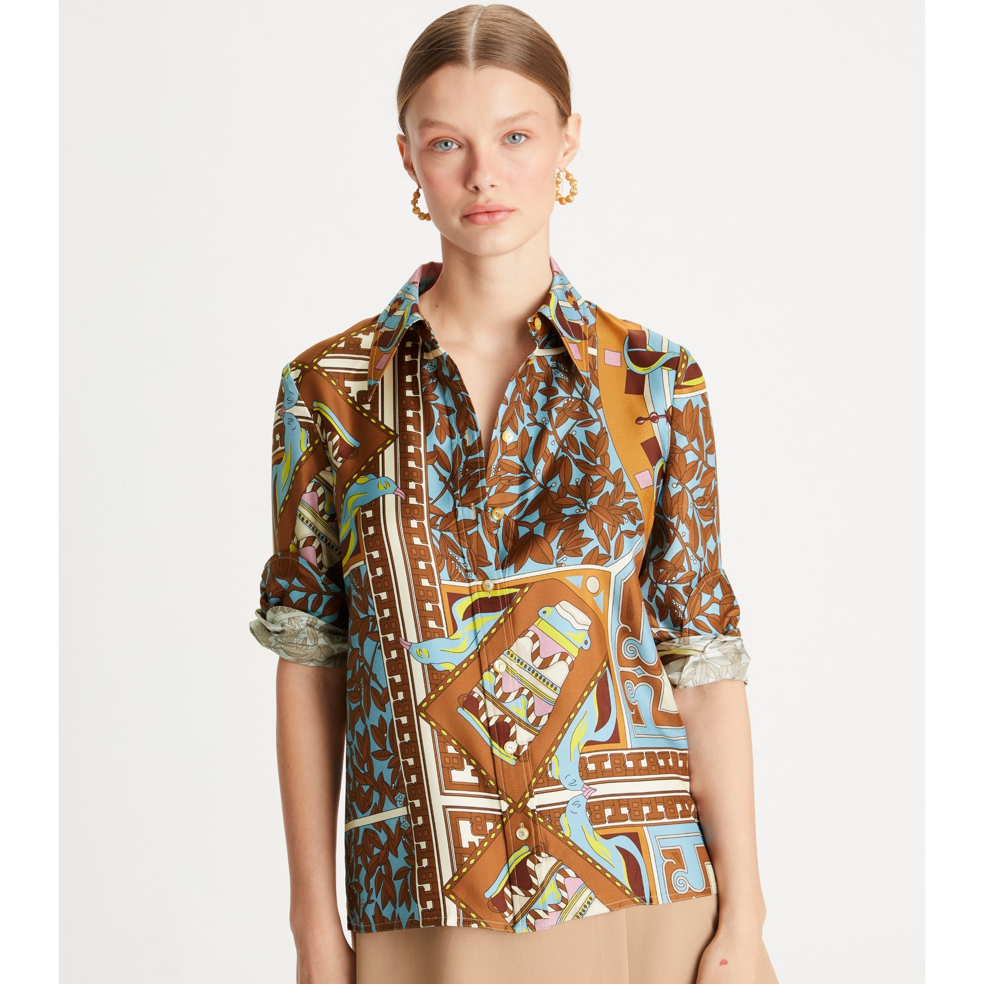Women T Garden Silk Shirt - Brown Geometric Gardens Tiled