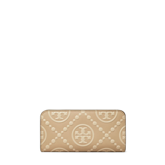 Women T Monogram Contrast Embossed Zip Slim Wallet - Longan / New Cream