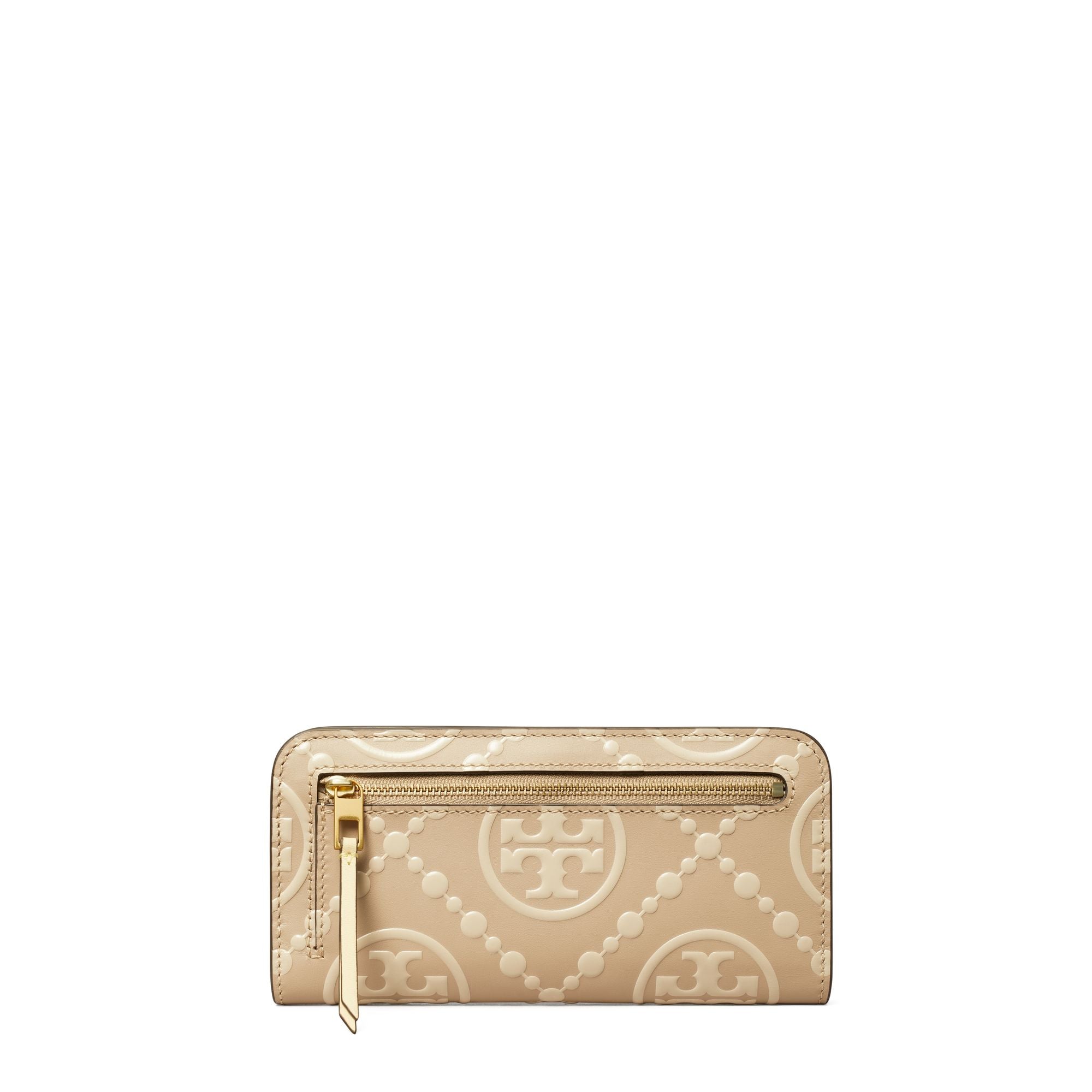 Women T Monogram Contrast Embossed Zip Slim Wallet - Longan / New Cream