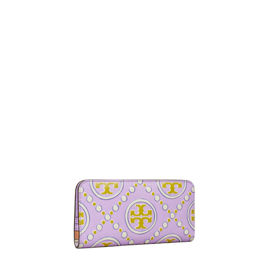 Women T Monogram Contrast Embossed Zip Slim Wallet - Lavender / New Ivory