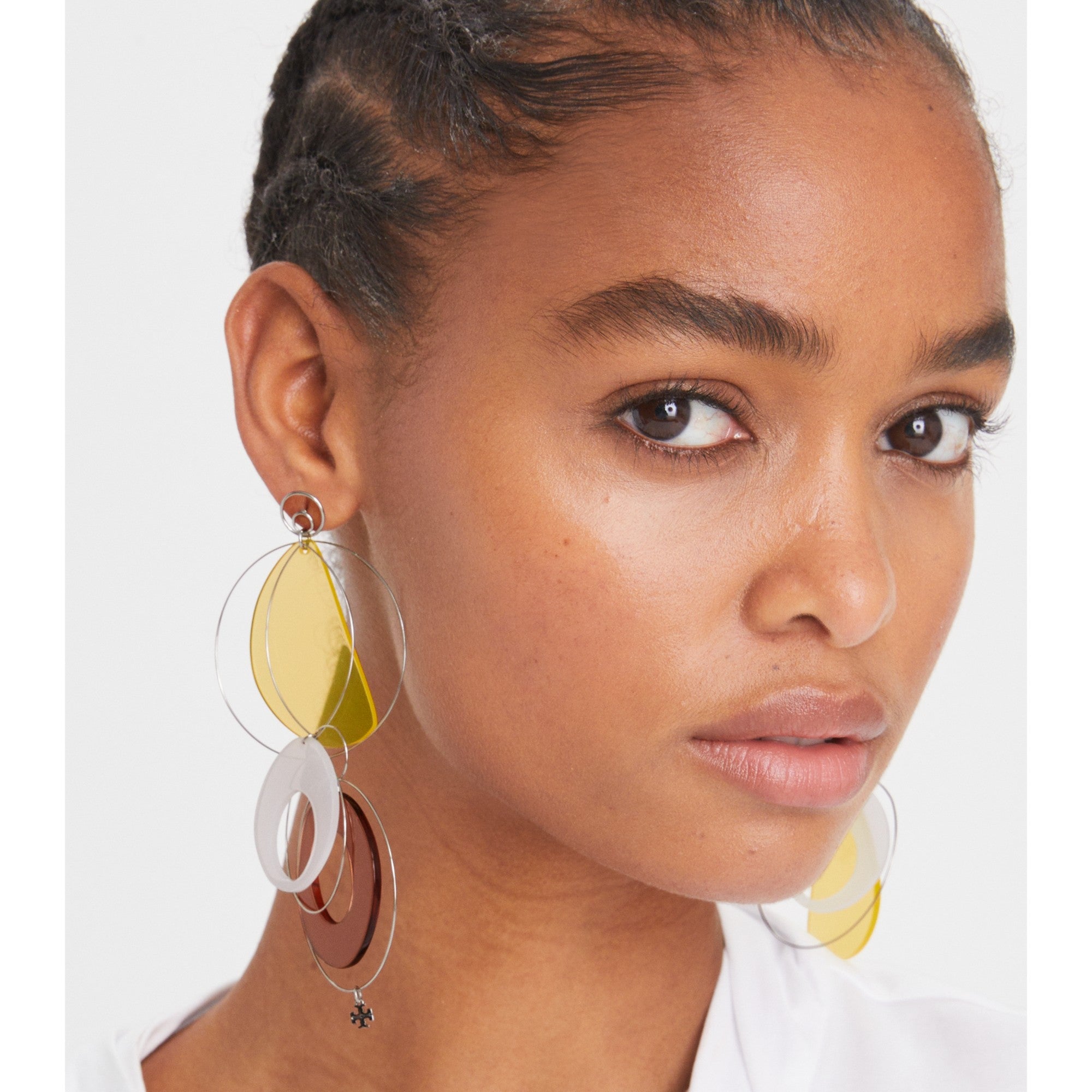 Women Tiered Resin Hoop Earring - Tory Silver / Yellow / Brown