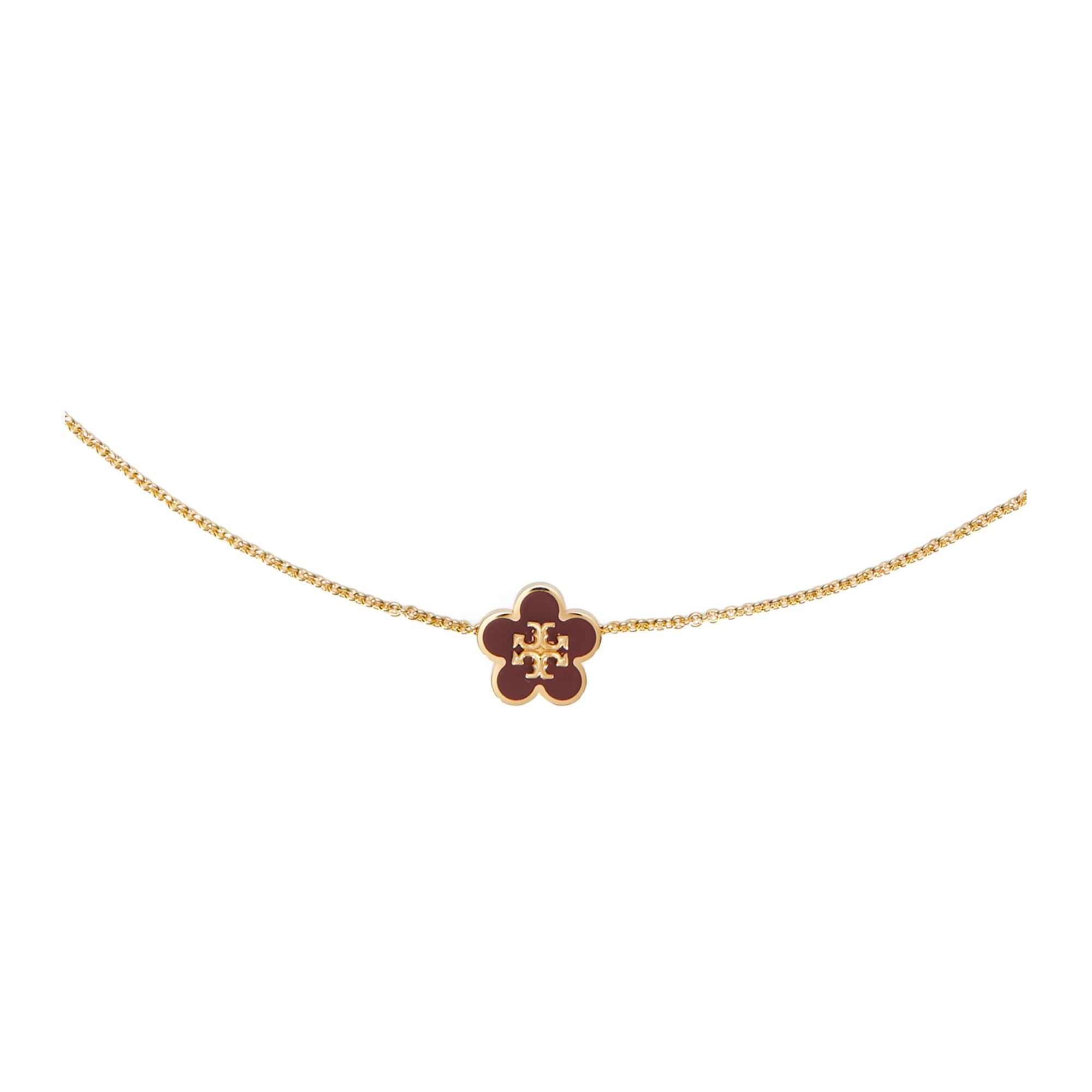 Women Forget Me Not Enamel Pendant Necklace - Tory Gold / Burgundy